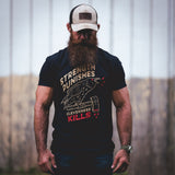 Savage Gentleman T Shirt featuring "Strength Punishes, Cleverness Kills" design in black, red, and yellow.