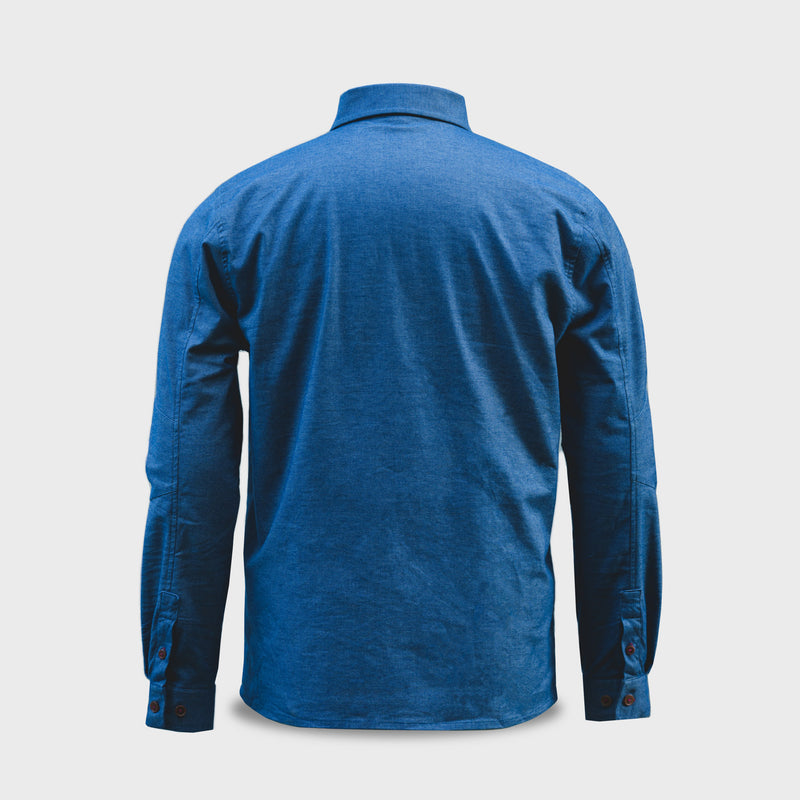 Back of blue dress shirt showing gusseted sleeves.