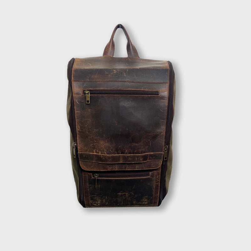 Savage Gentleman Jack Backpack in vintage brown leather and green canvas.
